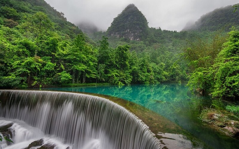 Waterfall in Forest — Green, Serene, Photograph, River, Mountain