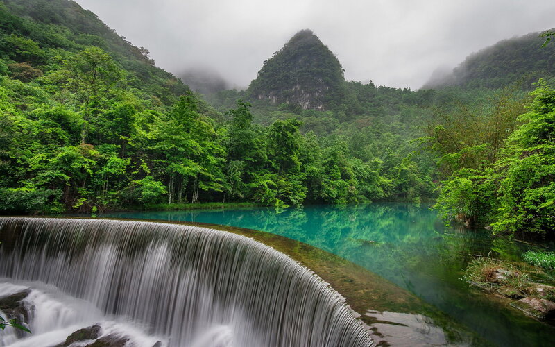 Waterfall in Forest — Green, Serene, Photograph, River, Mountain, Trees