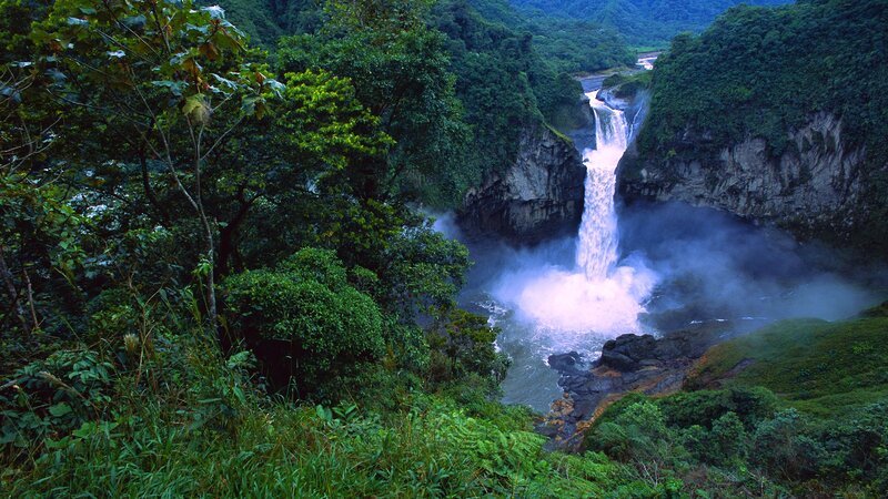 Waterfall in Forest — Green, Serene, Photograph, River, Trees, Mist