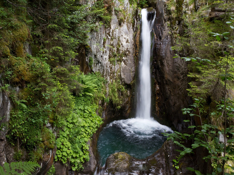 Waterfall in Forest — Green, Serene, Photograph, Rock, Pool