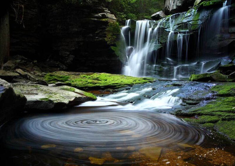 Waterfall in Forest — Green, Serene, Photograph, Rocks, Moss, Stream