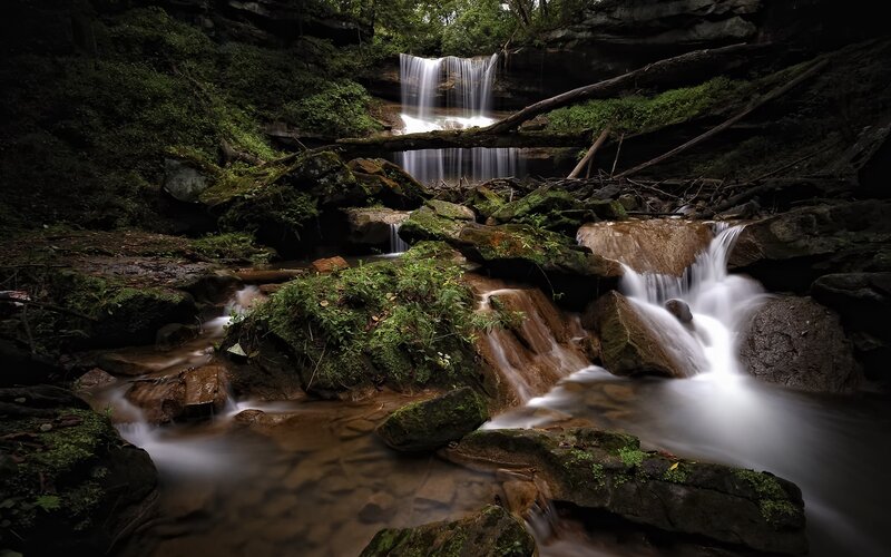 Waterfall in Forest — Green, Serene, Photograph, Rocks, Moss, Trees, Stream