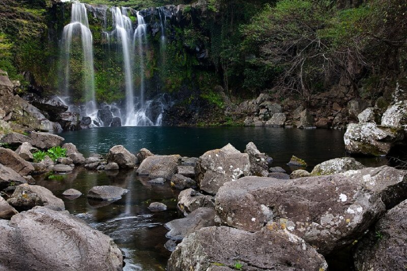 Waterfall in Forest — Green, Serene, Photograph, Rocks, Pool