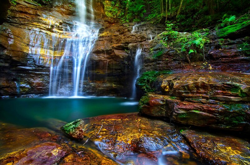 Waterfall in Forest — Green, Serene, Photograph, Rocks, Pool, Trees