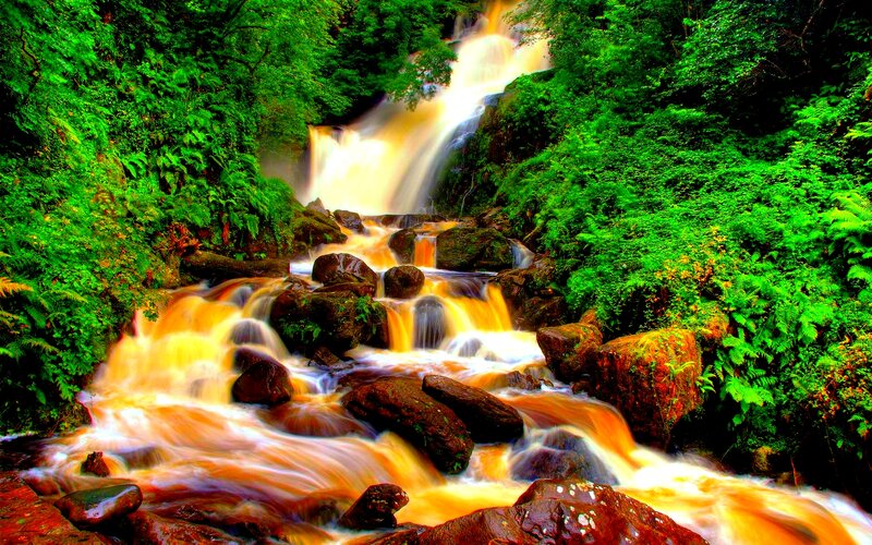 Waterfall in Forest — Green, Serene, Photograph, Rocks, River