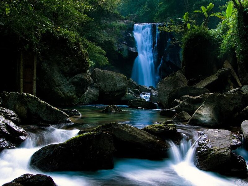 Waterfall in Forest — Green, Serene, Photograph, Rocks, Stream