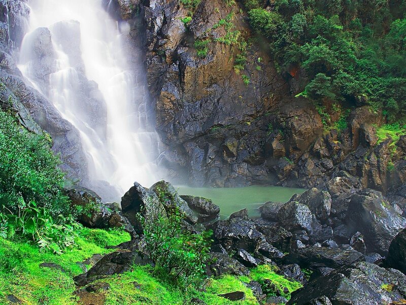 Waterfall in Forest — Green, Serene, Photograph, Rocks