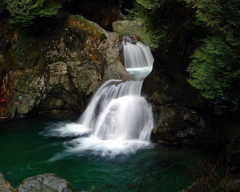 Waterfall in Forest — Green, Serene, Photograph, Rocks, Trees, Pool