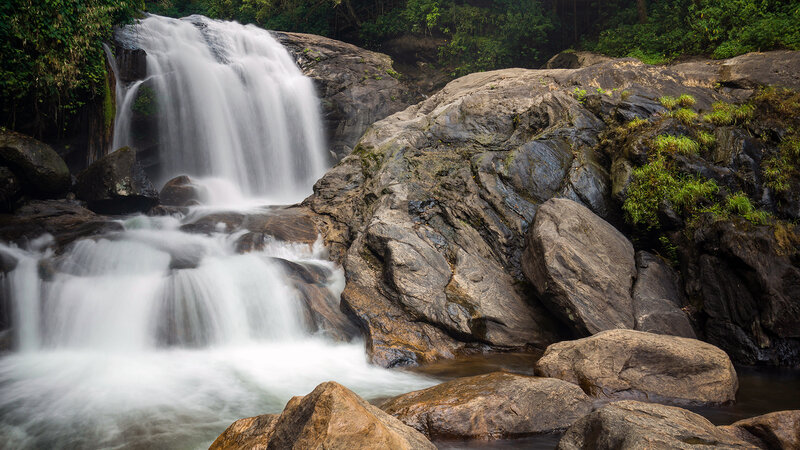 Waterfall in Forest — Green, Serene, Photograph, Rocks, Trees, River