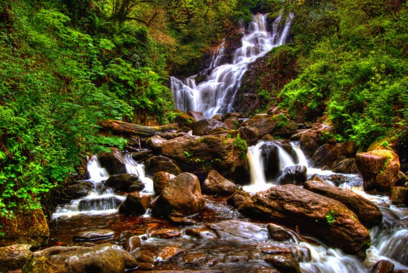 Waterfall in Forest — Green, Serene, Photograph, Rocks, Trees, Stream