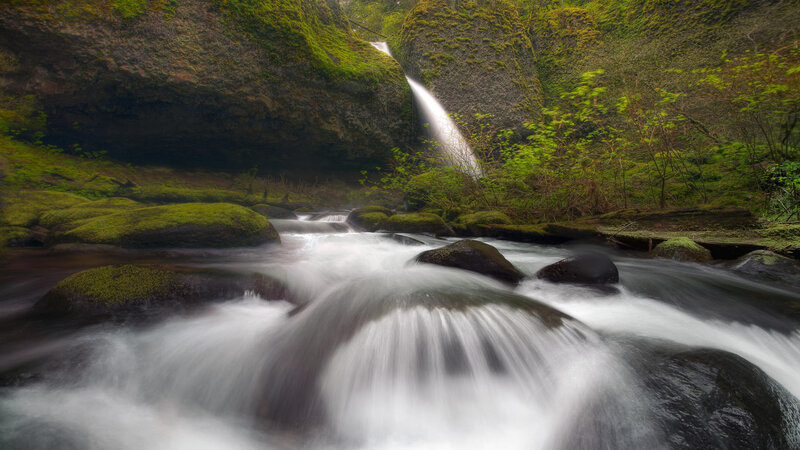 Waterfall in Forest — Green, Serene, Photograph, Stream