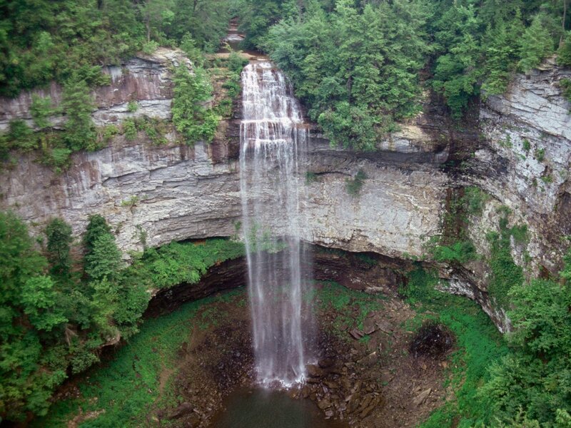 Waterfall in Forest — Green, Serene, Photograph, Trees, Cliff, Pool