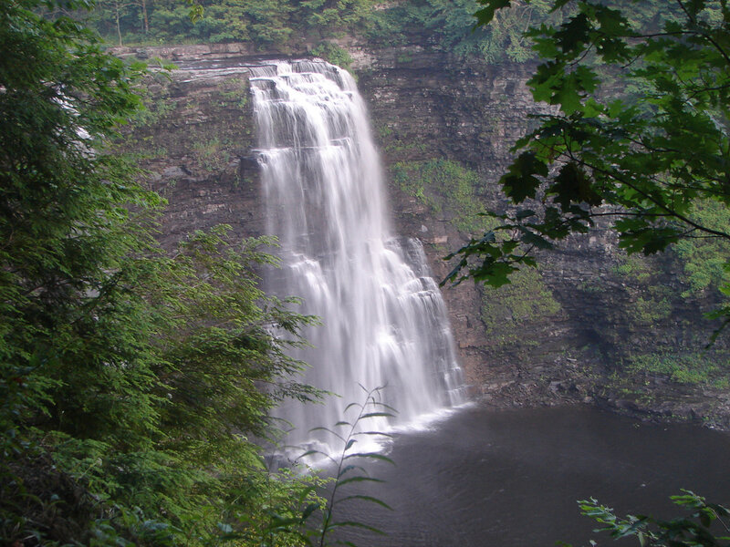 Waterfall in Forest — Green, Serene, Photograph, Trees, Cliff