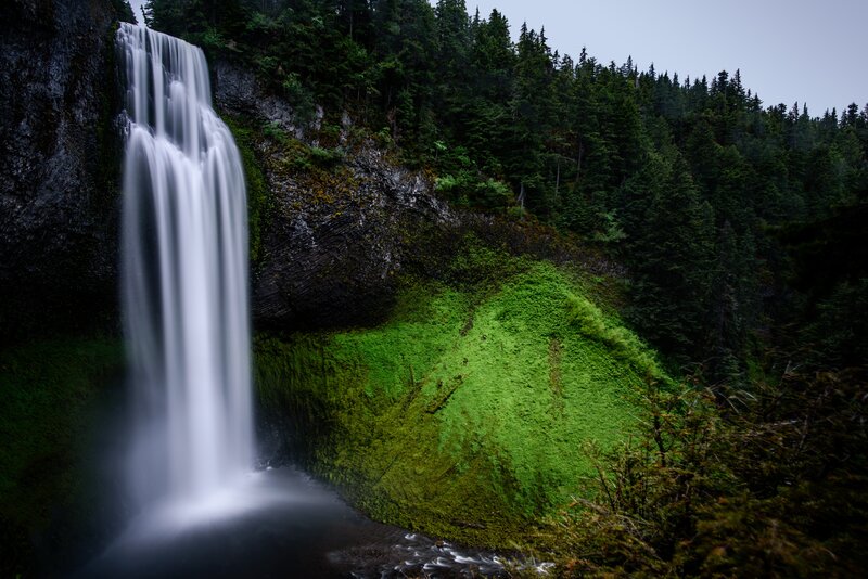 Waterfall in Forest — Green, Serene, Photograph, Trees, Moss, Cliff