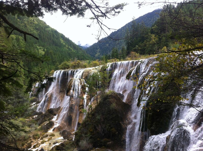 Waterfall in Forest — Green, Serene, Photograph, Trees, Mountains