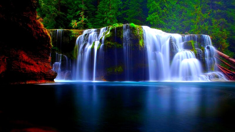 Waterfall in Forest — Green, Serene, Photograph, Trees, Pool