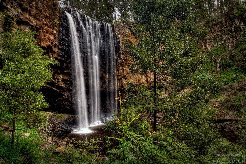 Waterfall in Forest — Green, Serene, Photograph, Trees, Rock