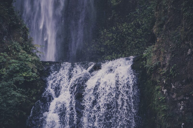 Waterfall in Forest — Green, Serene, Photograph, Trees, Rocks, Foam