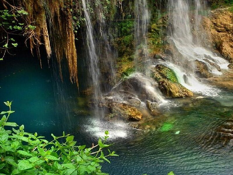 Waterfall in Forest — Green, Serene, Photograph, Trees, Rocks, Pool, Blue, Brown