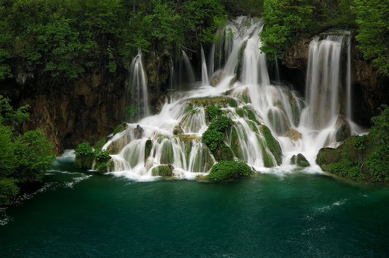 Waterfall in Forest — Green, Serene, Photograph, Trees, Rocks, Pool