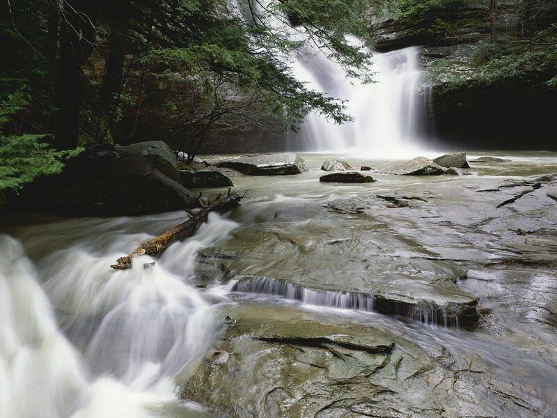 Waterfall in Forest — Green, Serene, Photograph, Trees, Rocks, Stream, Gray