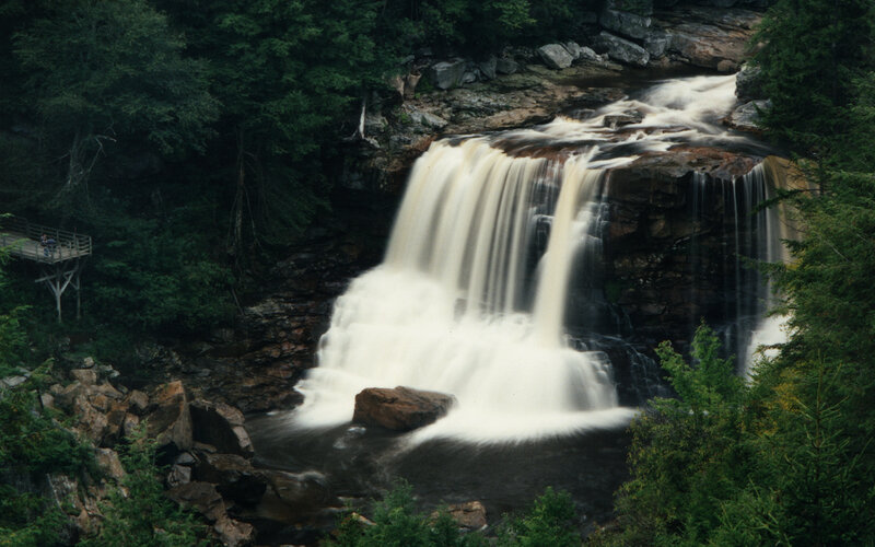 Waterfall in Forest — Green, Serene, Photograph, Trees, Rocks, Viewing Platform