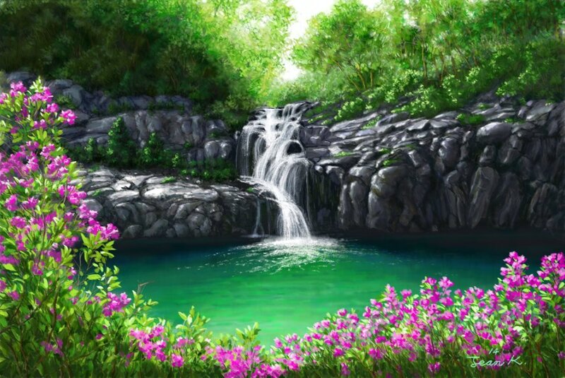 Waterfall in Forest — Green, Serene, Spring, Digital Art, Flowers