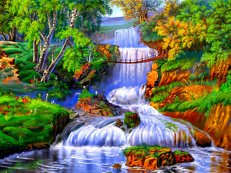 Waterfall in Forest — Green, Serene, Spring, Digital Art