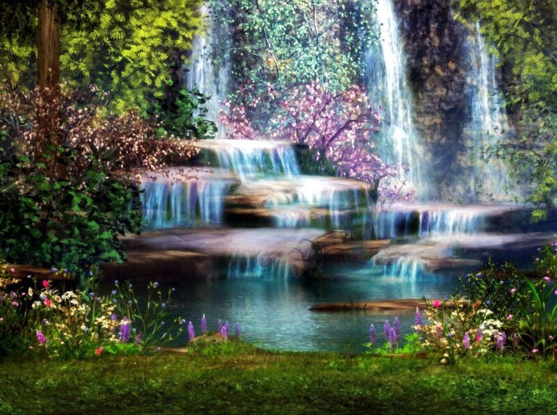 Waterfall in Forest — Green, Serene, Spring, Digital Art, Trees, Flowers, River