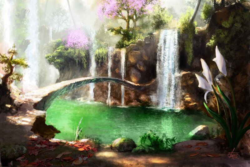 Waterfall in Forest — Green, Serene, Spring, Digital Art, Trees