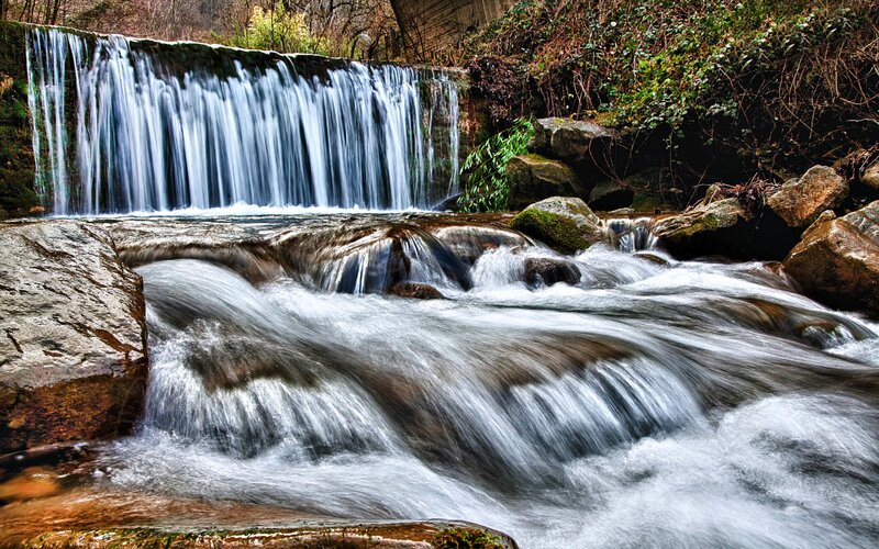 Waterfall in Forest — Green, Serene, Spring, Photograph, River, Rocks, Trees