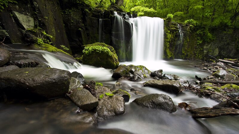 Waterfall in Forest — Green, Serene, Spring, Photograph, Rocks, Moss