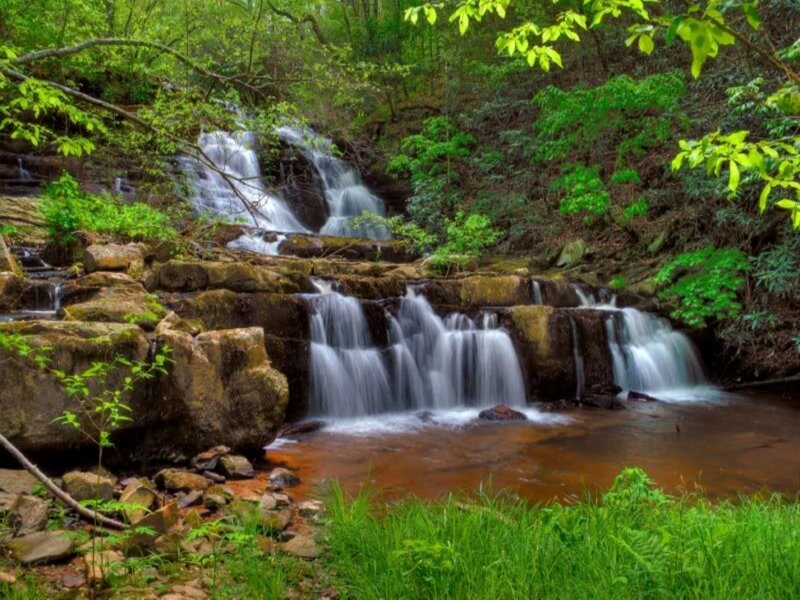 Waterfall in Forest — Green, Serene, Spring, Photograph, Rocks