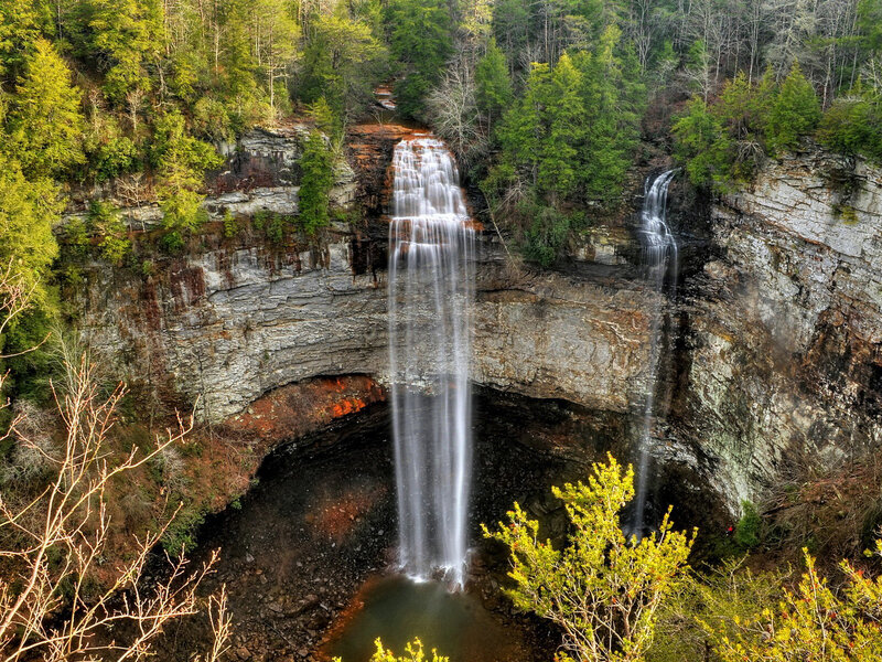 Waterfall in Forest — Green, Serene, Spring, Photograph, Trees, Cliff, Pool