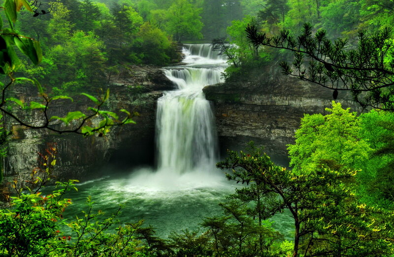 Waterfall in Forest — Green, Serene, Spring, Photograph, Trees, River, Cliffs