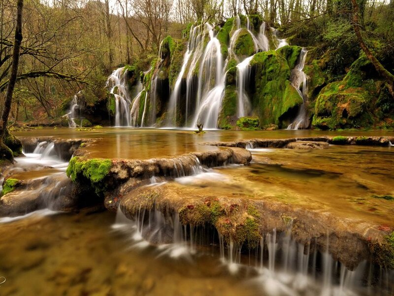 Waterfall in Forest — Green, Serene, Spring, Photograph, Trees, Rocks, Moss
