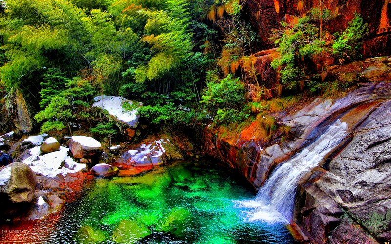 Waterfall in Forest — Green, Serene, Spring, Photograph, Trees, Rocks, Pool