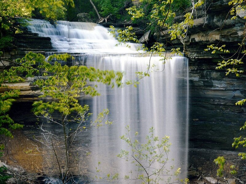 Waterfall in Forest — Green, Serene, Spring, Photograph, Trees, Rocks, River, White, Gray