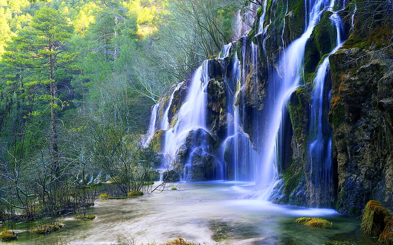 Waterfall in Forest — Green, Serene, Spring, Photograph, Trees, Rocks, Stream