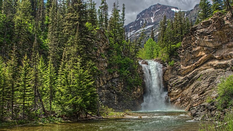 Waterfall in Forest — Green, Serene, Summer, Photograph, Mountain