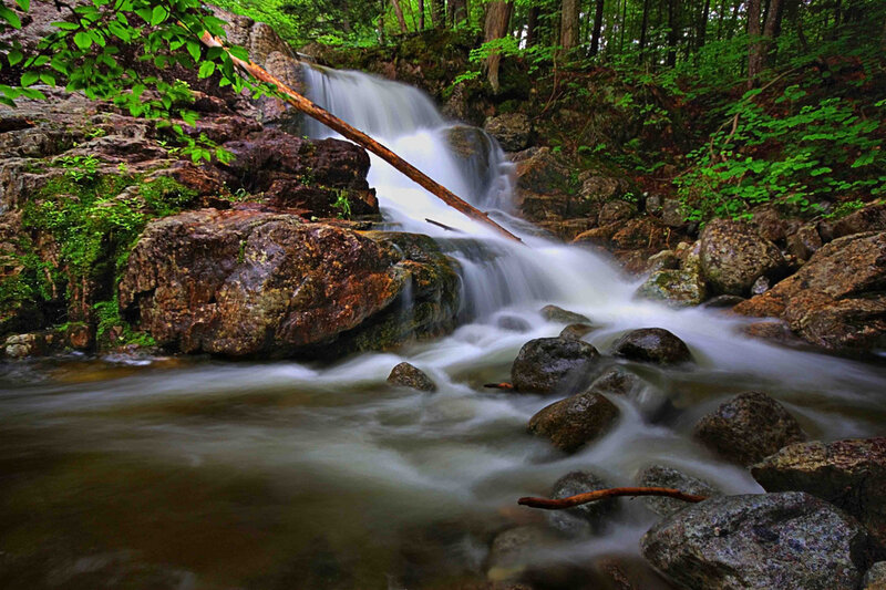 Waterfall in Forest — Green, Serene, Summer, Photograph, Rocks