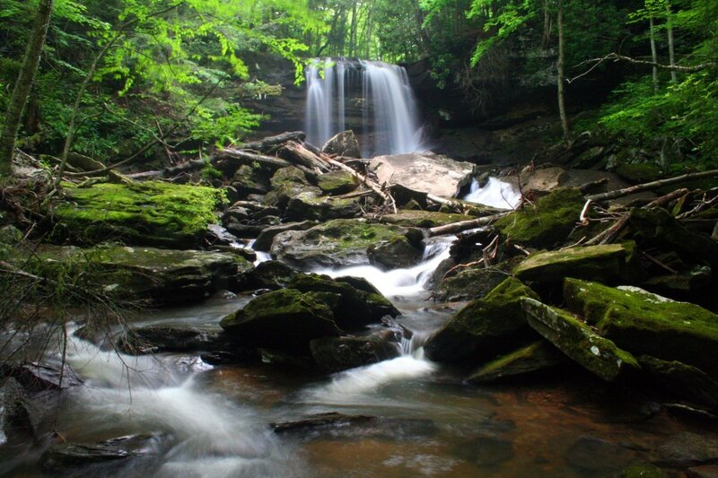 Waterfall in Forest — Green, Serene, Summer, Photograph, Stream