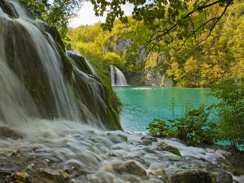Waterfall in Forest — Green, Serene, Summer, Photograph, Trees, Lake, Rocks