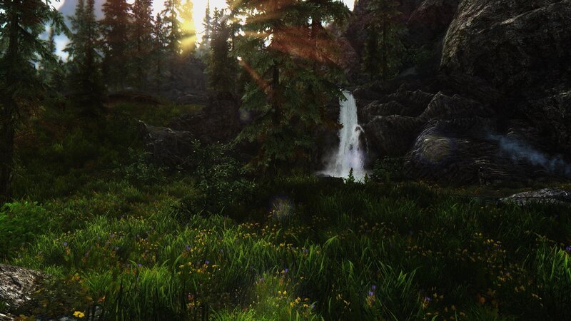 Waterfall in Forest — Green, Serene, Sunrise, 3d Render