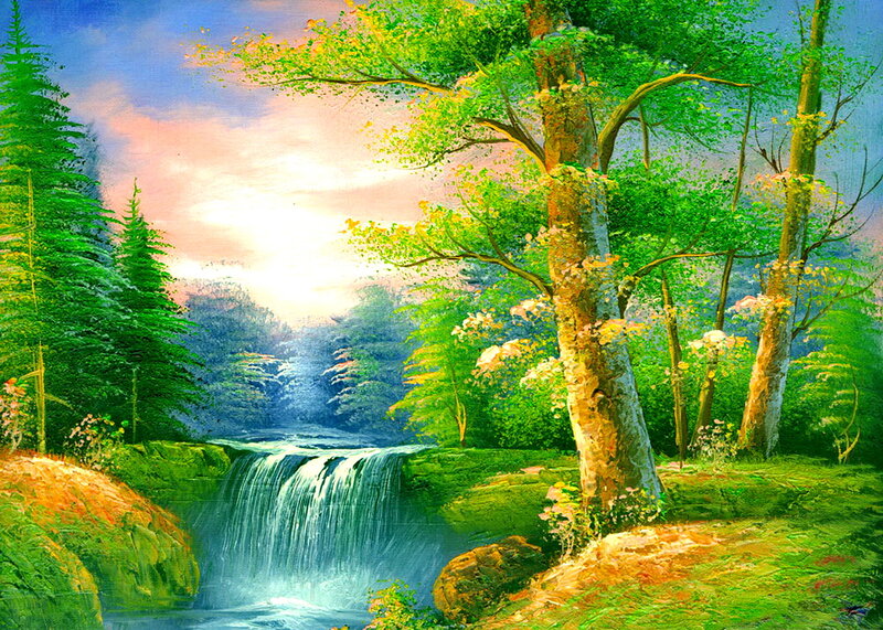 Waterfall in Forest — Green, Serene, Sunrise, Painting