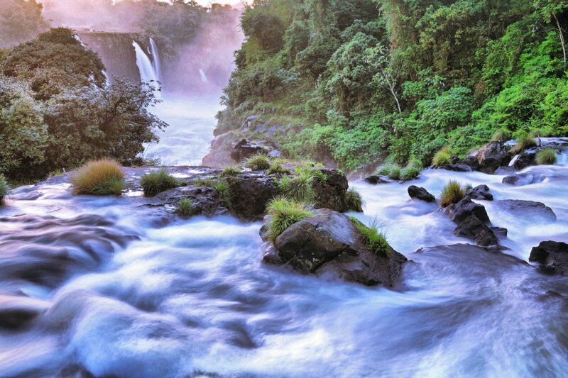 Waterfall in Forest — Green, Serene, Sunrise, Photograph, River, Rocks