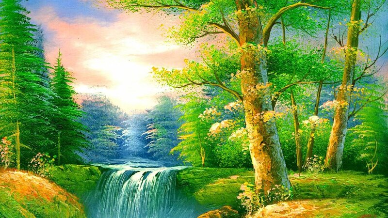 Waterfall in Forest — Green, Serene, Sunset, Painting