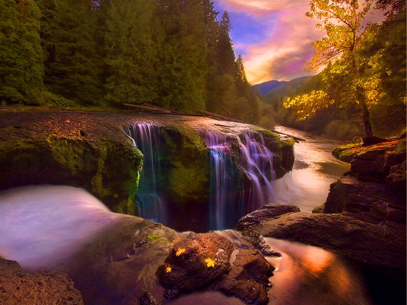 Waterfall in Forest — Green, Serene, Sunset, Photograph
