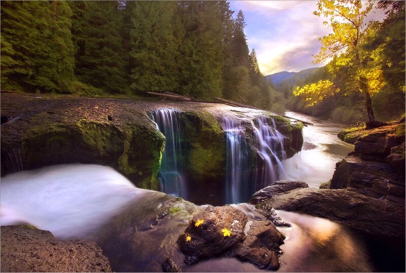 Waterfall in Forest — Green, Serene, Sunset, Photograph, Trees, Rocks