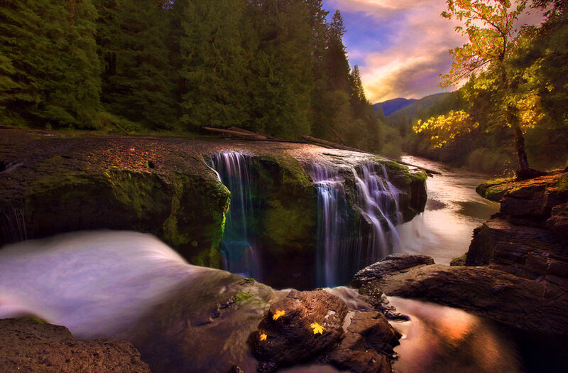 Waterfall in Forest — Green, Serene, Sunset, Photograph, Trees